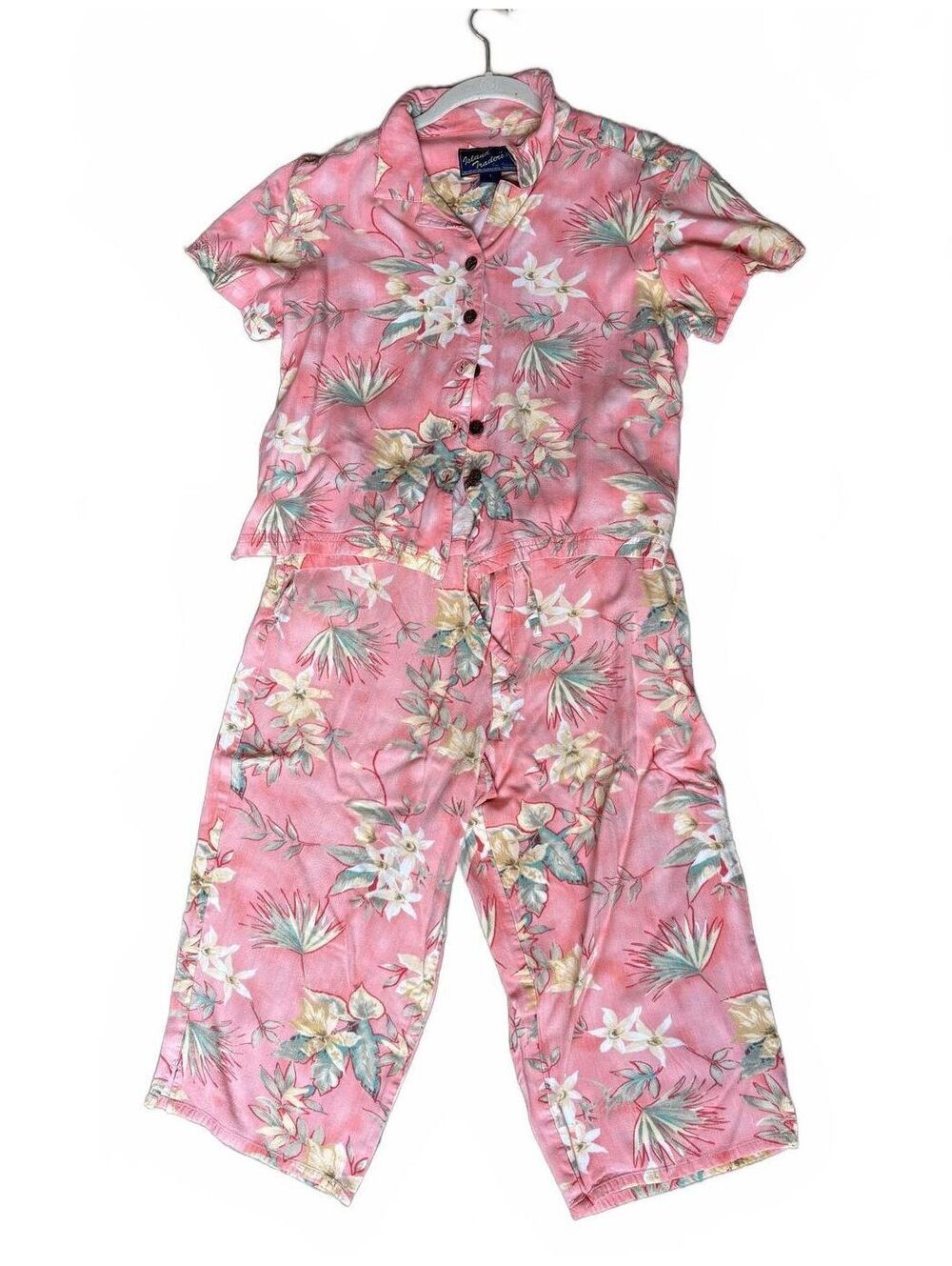 Island Traders Coral Floral Rayon 2-Piece Set Women's Size L Top and Pants